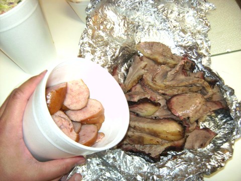No gourmet fanfare needed!  The brisket was wrapped up in foil and the sausage found a temporary home in some styrofoam.
